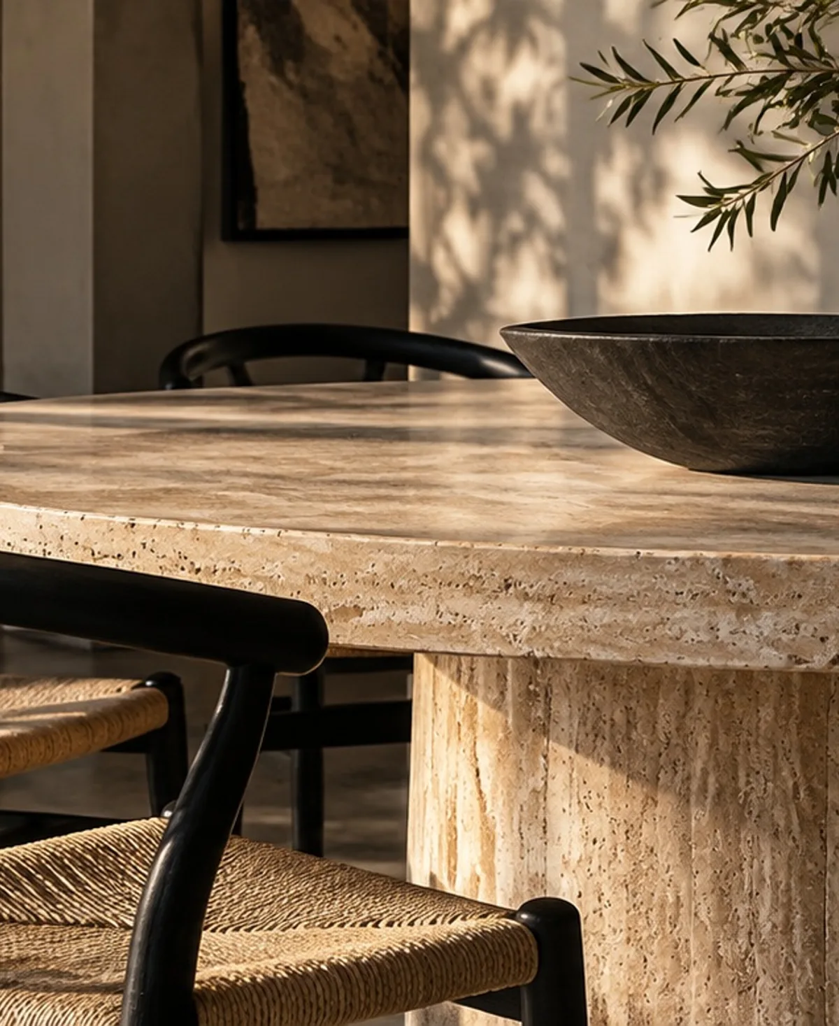 Mesa de travertino y sillas de comedor.