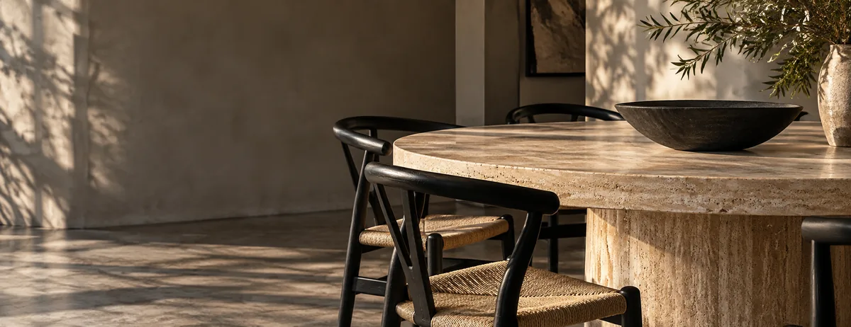 Mesa de travertino con sillas de madera negras y luz natural.