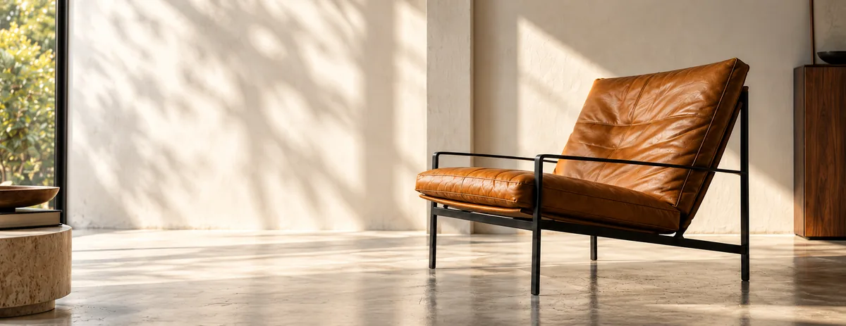 Sillón de cuero color caramelo con estructura de metal negro en un espacio iluminado.